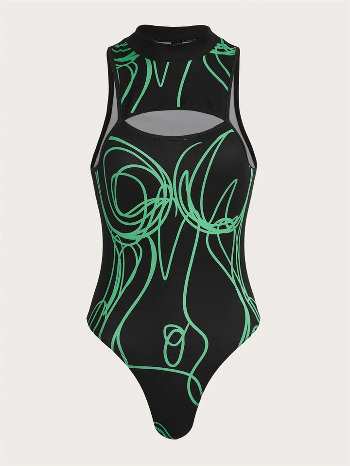 Graphic Print Cut Out Mock Neck Bodysuit