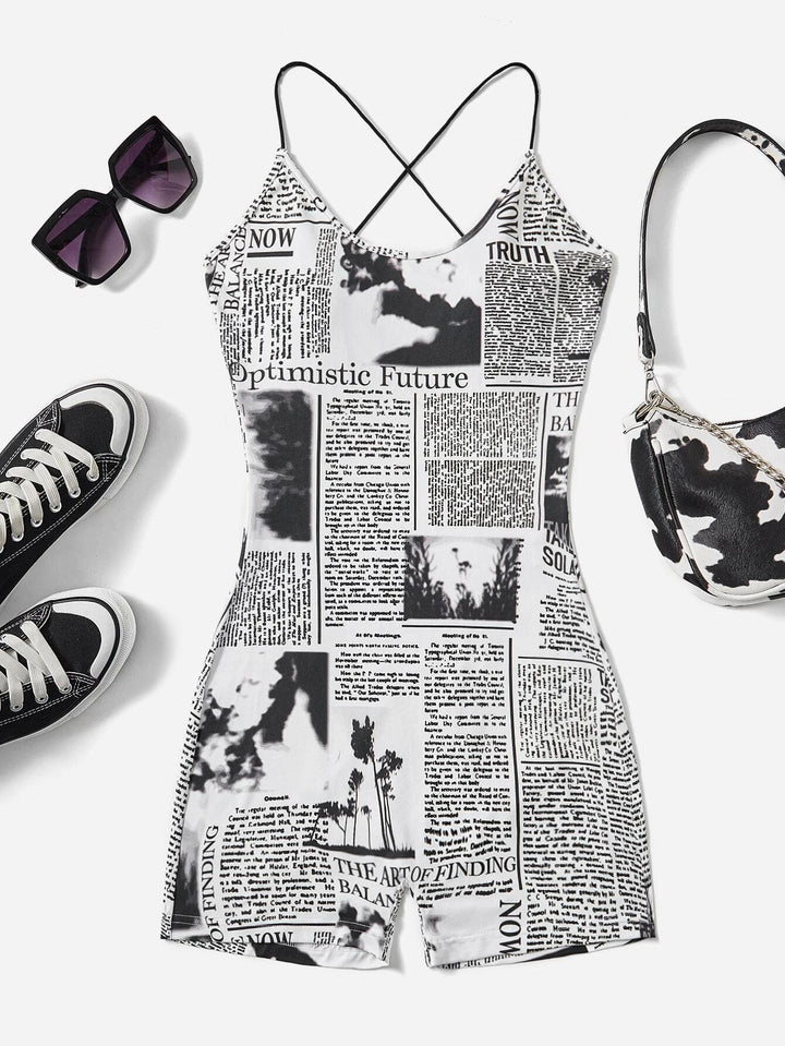 Newspaper Printed Backless Unitard Romper