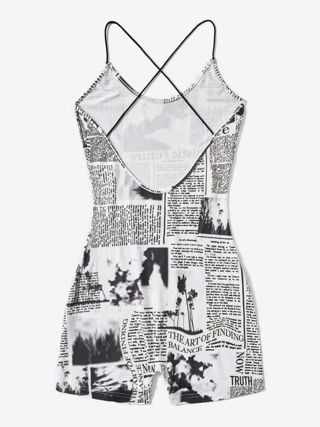 Newspaper Printed Backless Unitard Romper