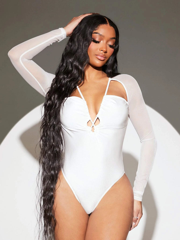 Deep V Neck Contrast Mesh Bodysuit