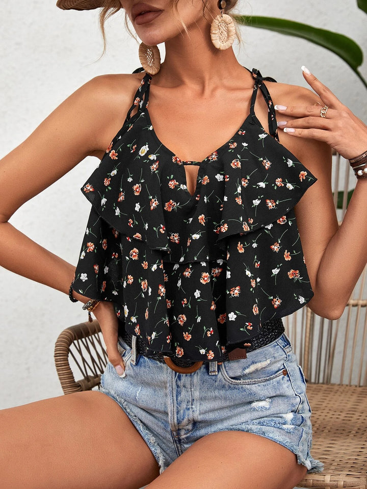 Floral Print Ruffle Trim Cami Bodysuit