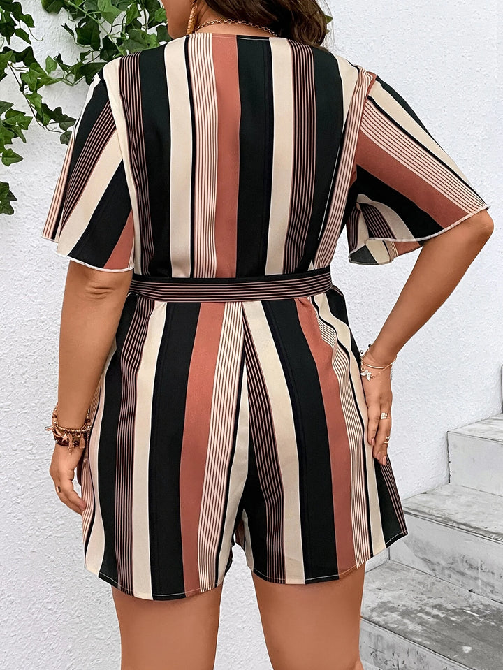 Plus Striped Print Belted Romper