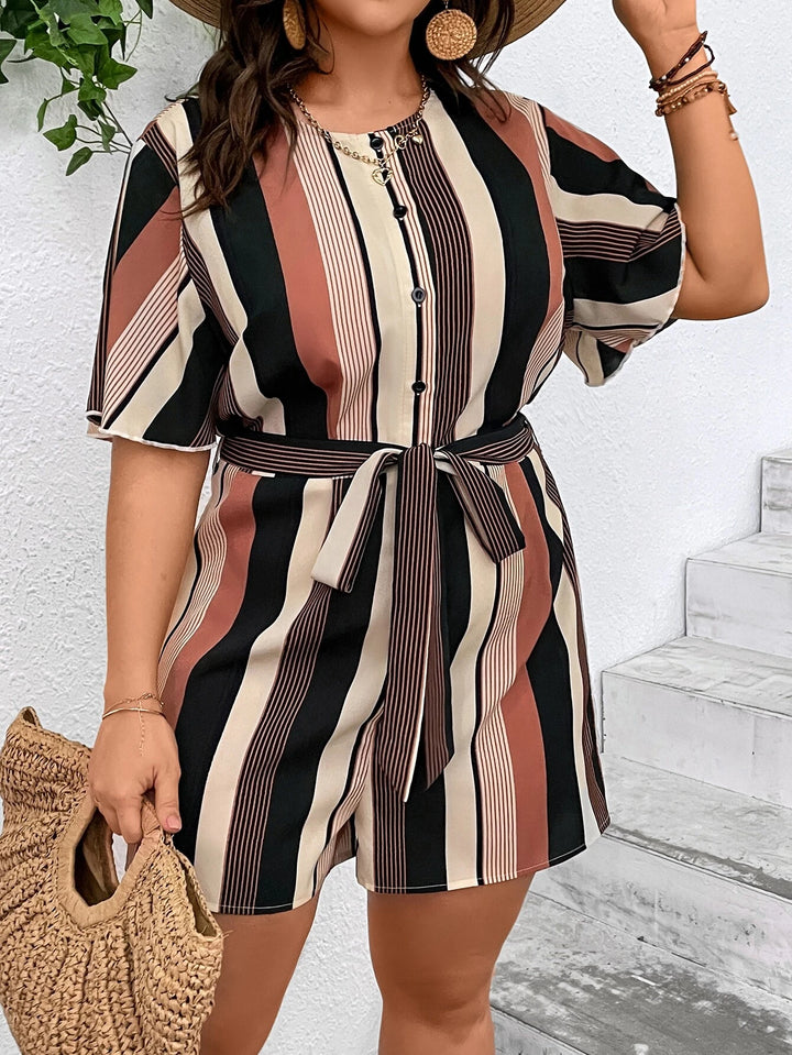 Plus Striped Print Belted Romper