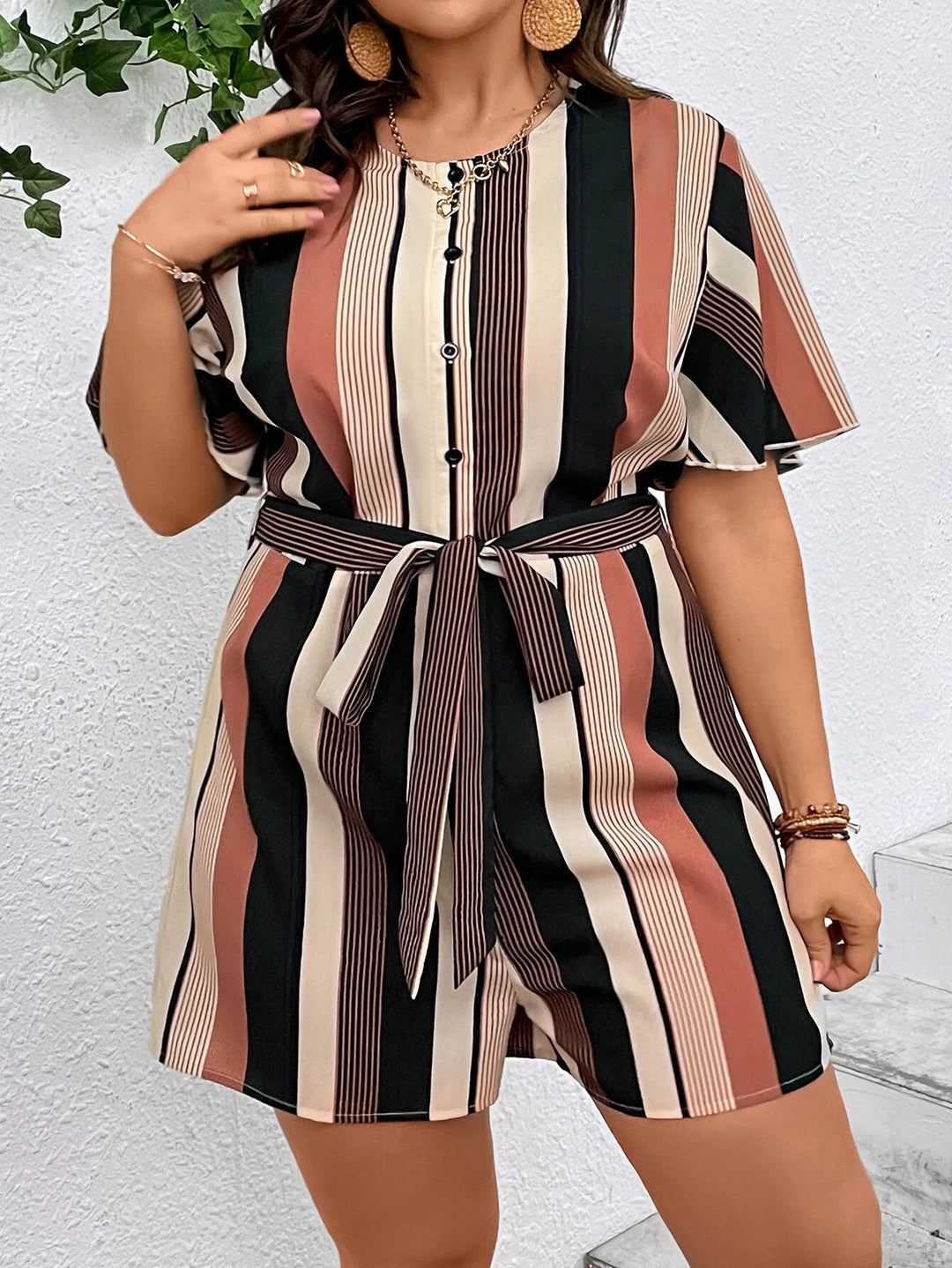 Plus Striped Print Belted Romper