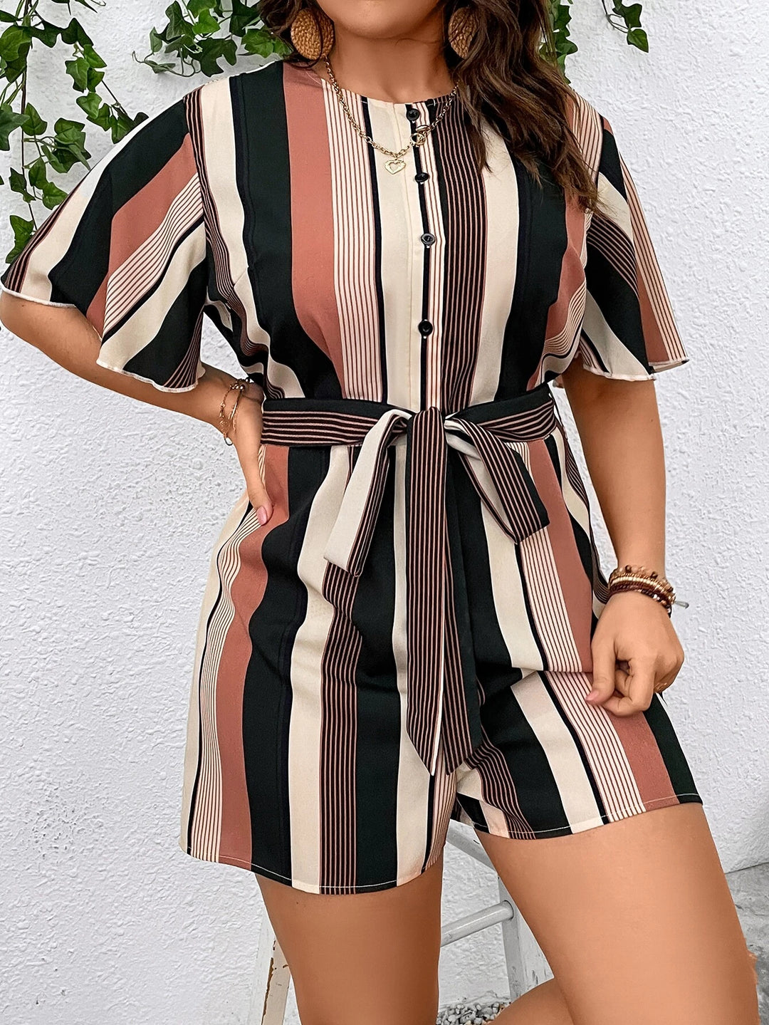 Plus Striped Print Belted Romper