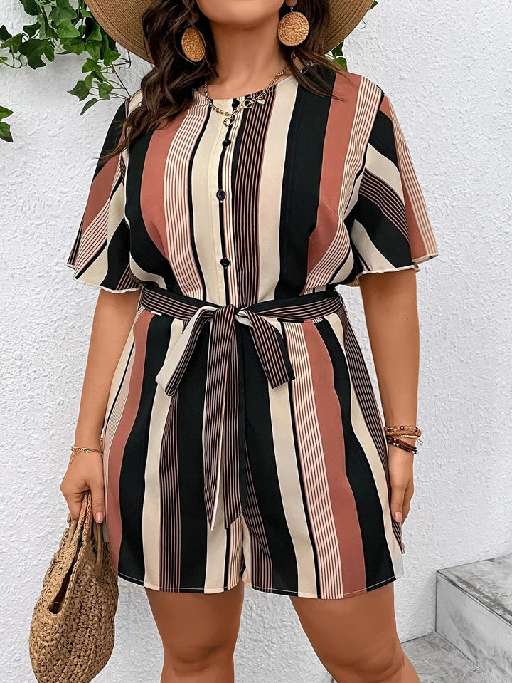 Plus Striped Print Belted Romper