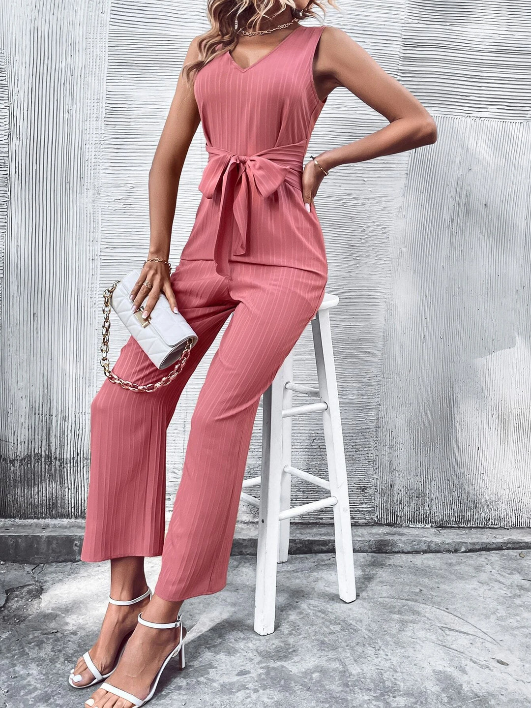 Solid Belted Zip Back Wide Leg Tank Jumpsuit