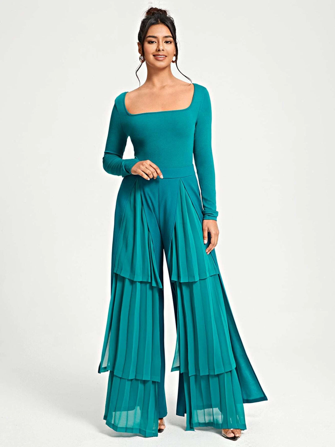 Global Square Neck Layer Hem Wide Leg Jumpsuit