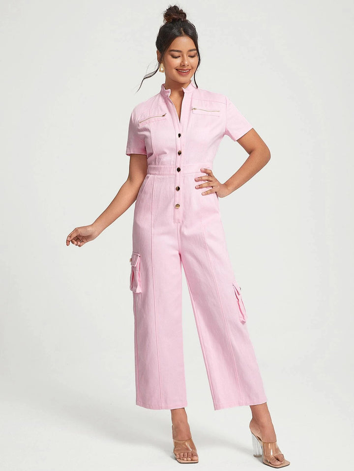 Flap Pocket Button Front Shirt Jumpsuit