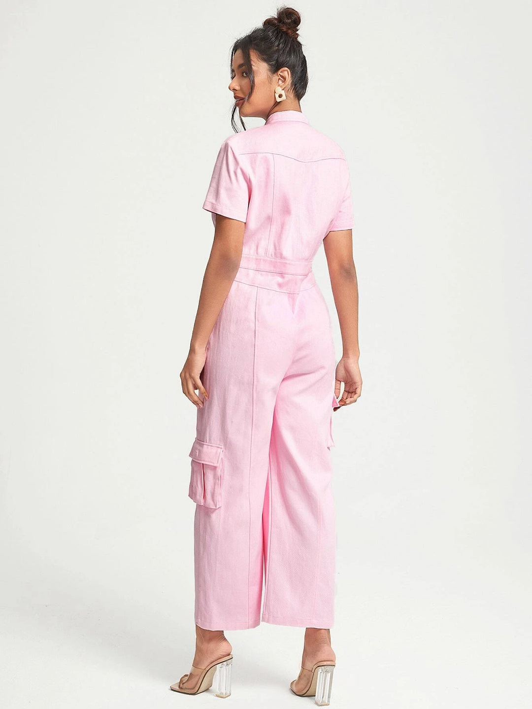 Flap Pocket Button Front Shirt Jumpsuit