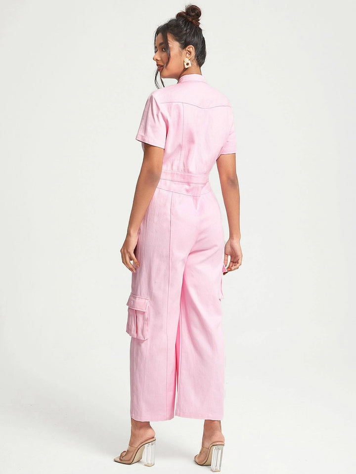 Flap Pocket Button Front Shirt Jumpsuit