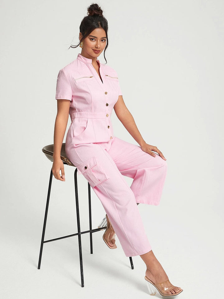 Flap Pocket Button Front Shirt Jumpsuit