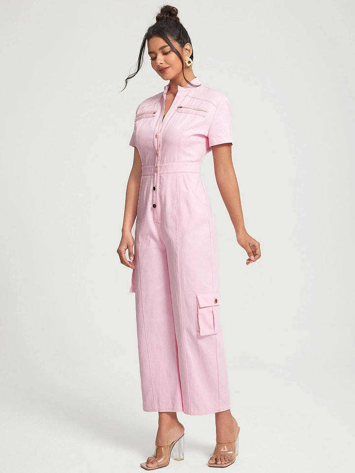 Flap Pocket Button Front Shirt Jumpsuit