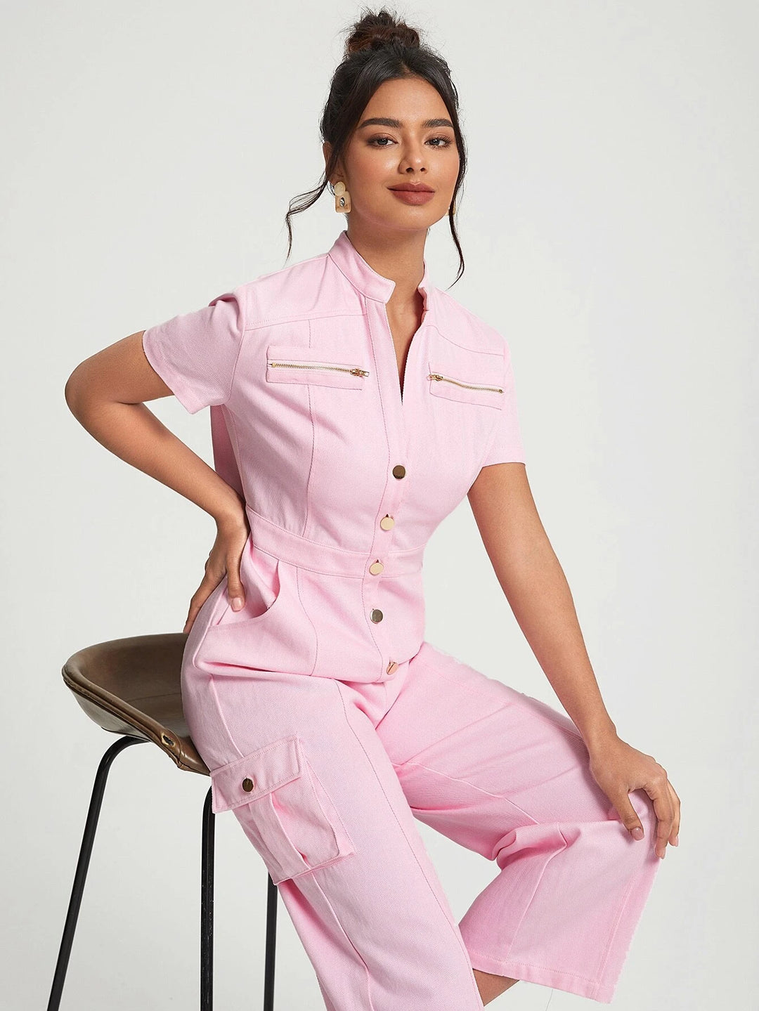 Flap Pocket Button Front Shirt Jumpsuit