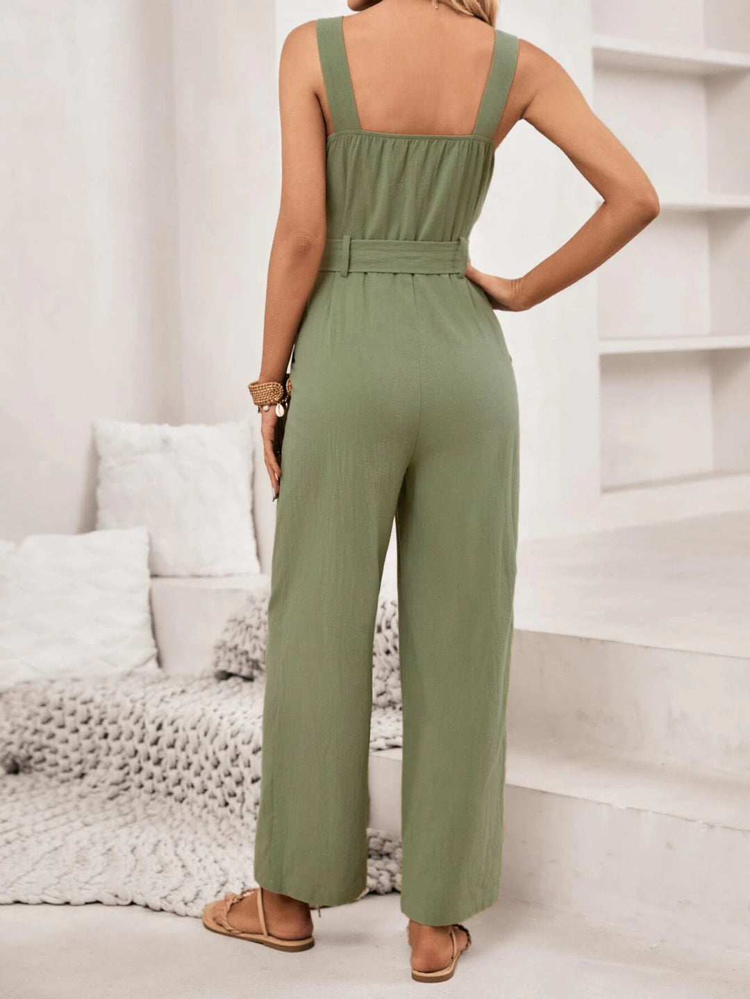 Button Front Belted Cami Jumpsuit