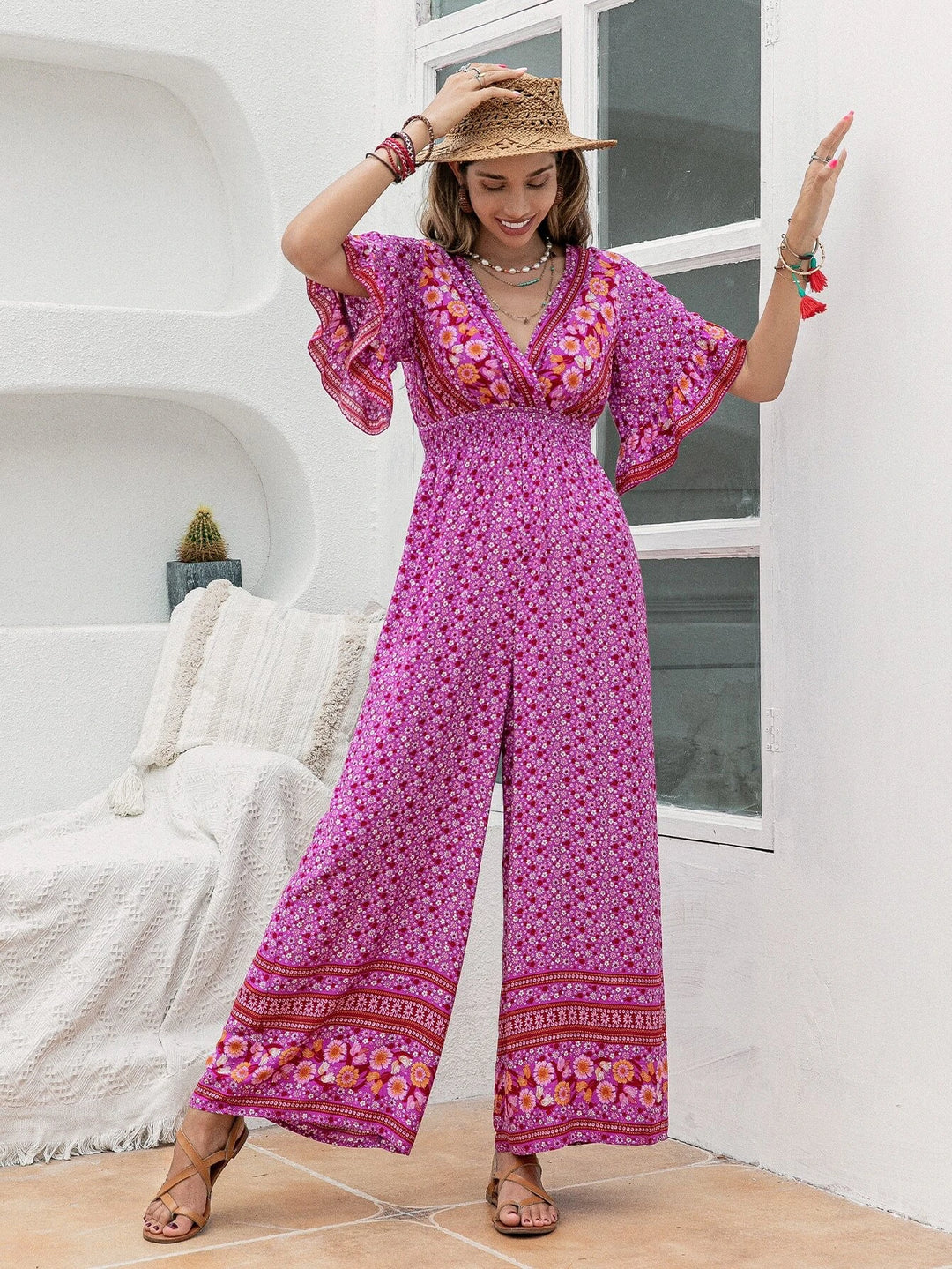 Floral Print Flounce Sleeve Wide Leg Jumpsuit