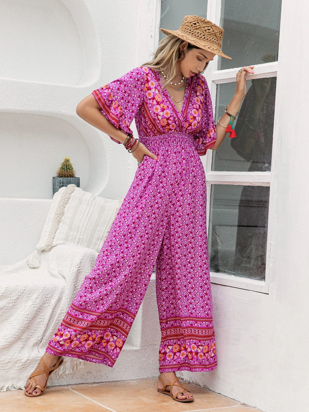 Floral Print Flounce Sleeve Wide Leg Jumpsuit