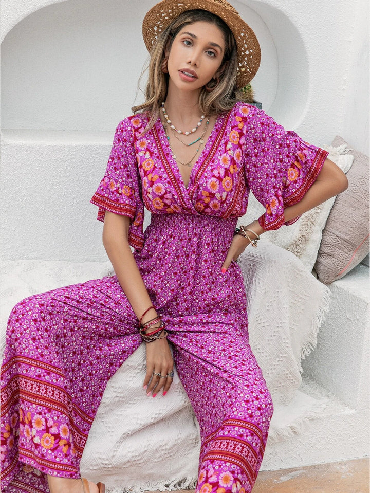 Floral Print Flounce Sleeve Wide Leg Jumpsuit