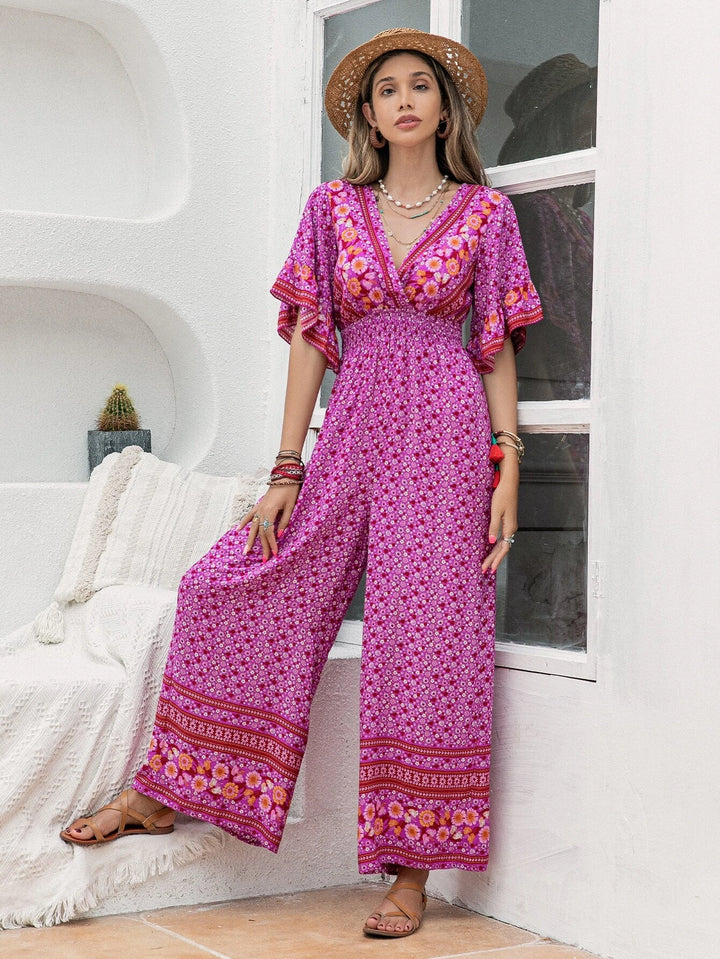 Floral Print Flounce Sleeve Wide Leg Jumpsuit