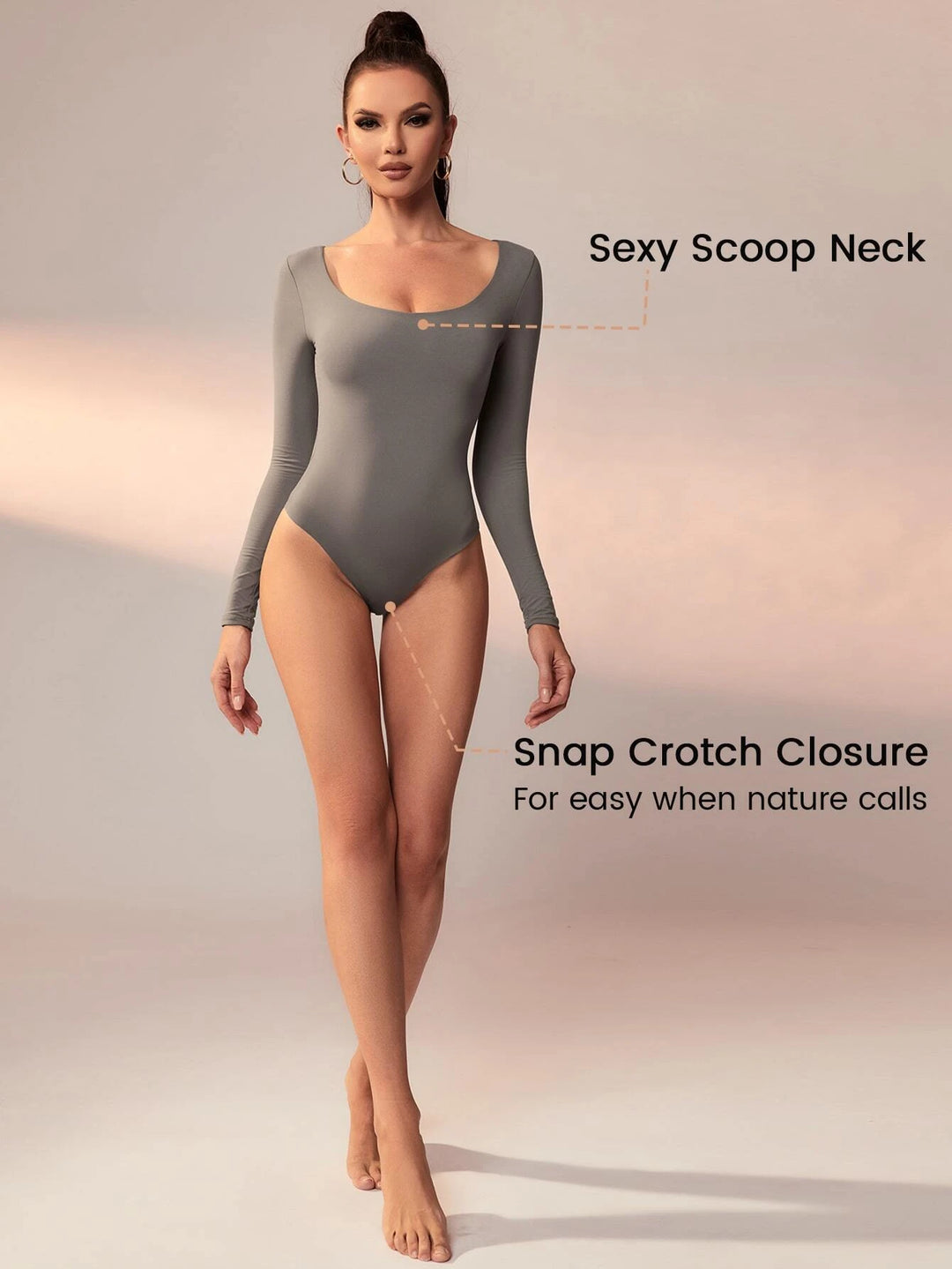 Scoop Neck High Stretch Long Sleeve Slim Fit Thong Bodysuit