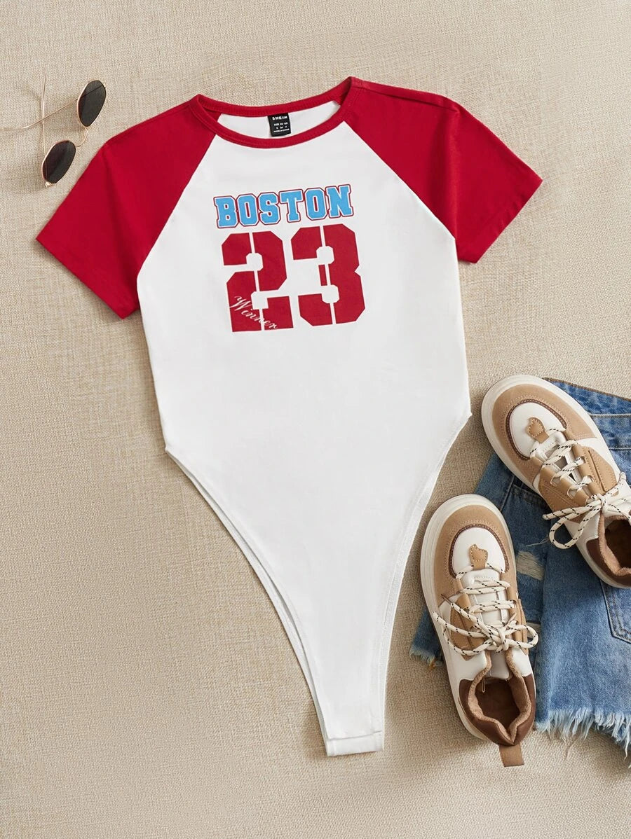 Casual Round Neck Graphic Raglan Sleeve Bodysuit