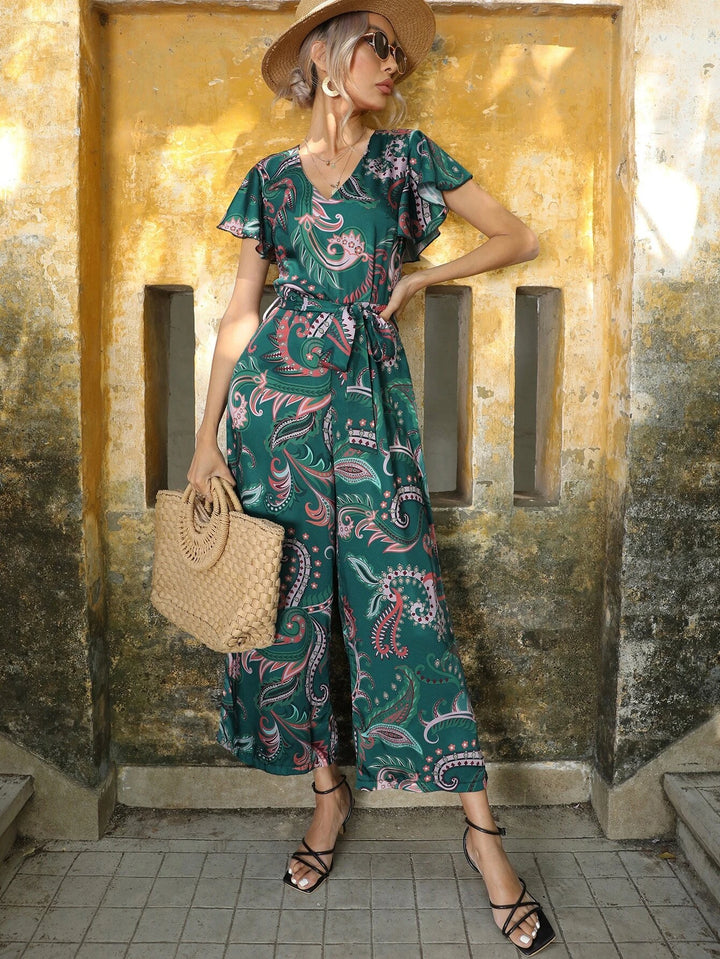 Paisley Print Butterfly Sleeve Belted Wide Leg Jumpsuit