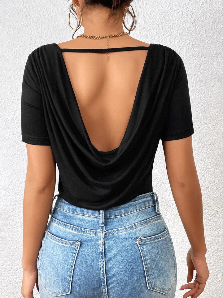 Draped Backless Solid Colored Bodysuit