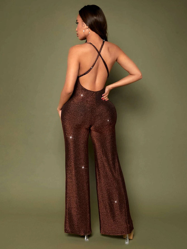 Crisscross Backless Cami Brown Jumpsuit