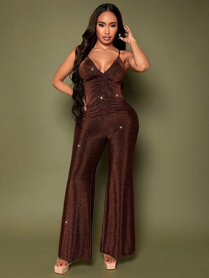 Crisscross Backless Cami Brown Jumpsuit