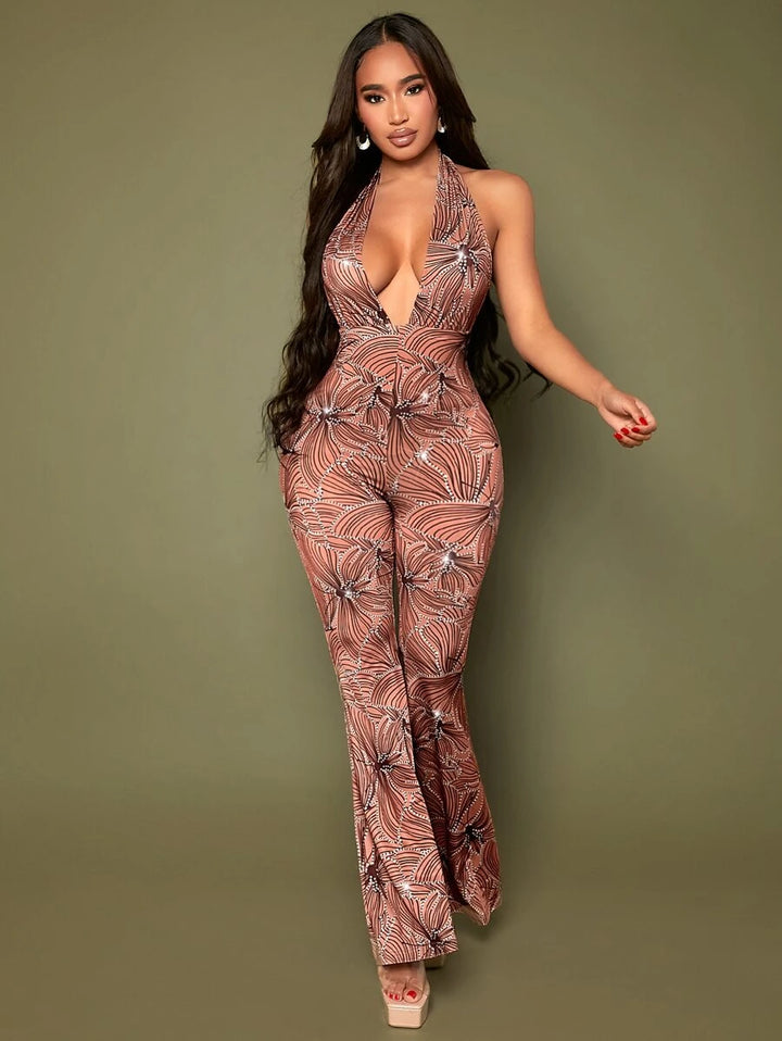Allover Print Tie Backless Ruffle Jumpsuit