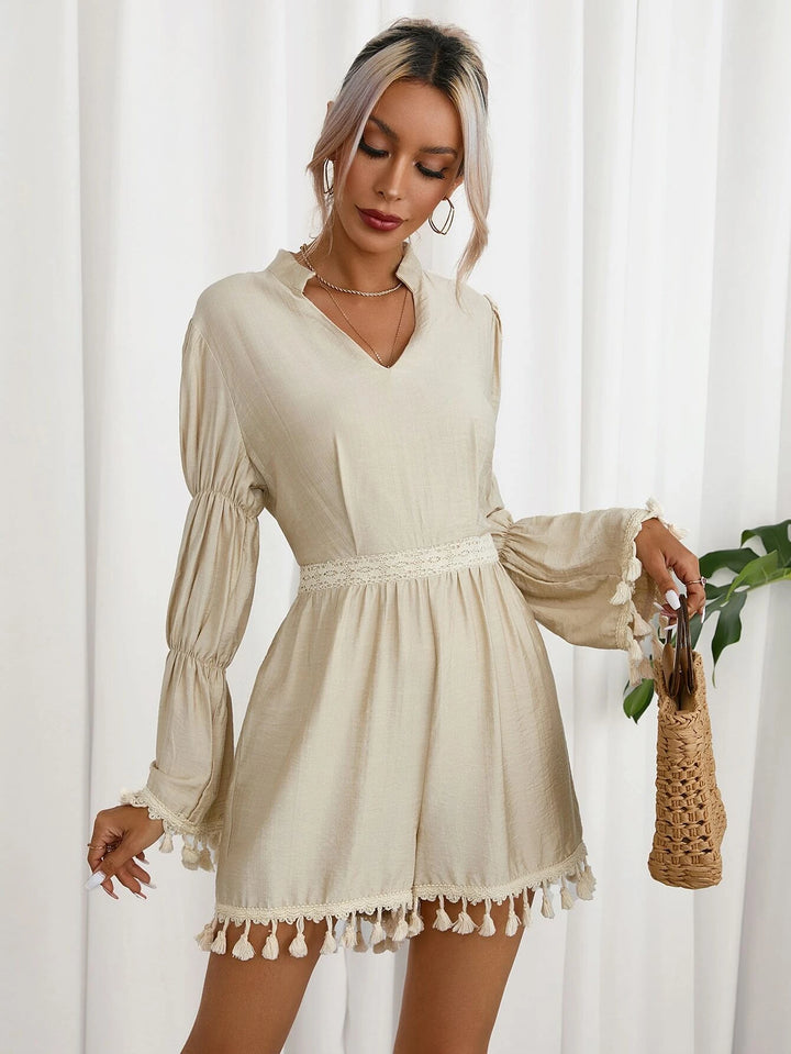 Tassel Trim Notched Neck Romper