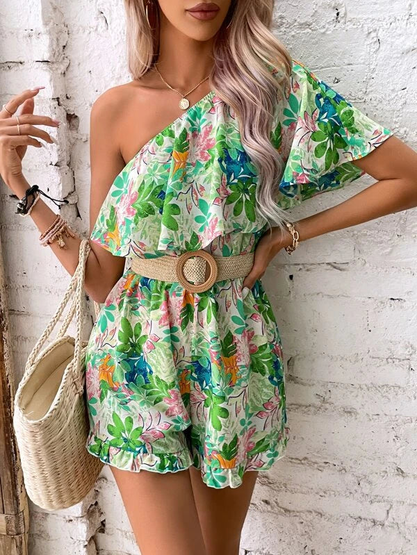 Plants Print One Shoulder Ruffle Boho Romper Without Belt