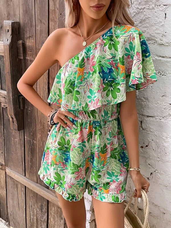 Plants Print One Shoulder Ruffle Boho Romper Without Belt