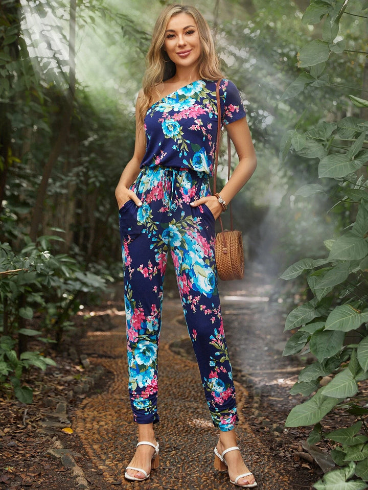 Floral Print One Shoulder Knot Front Regular Fit Jumpsuit