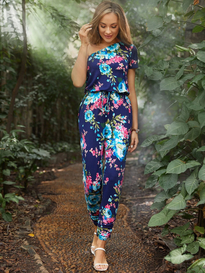 Floral Print One Shoulder Knot Front Regular Fit Jumpsuit