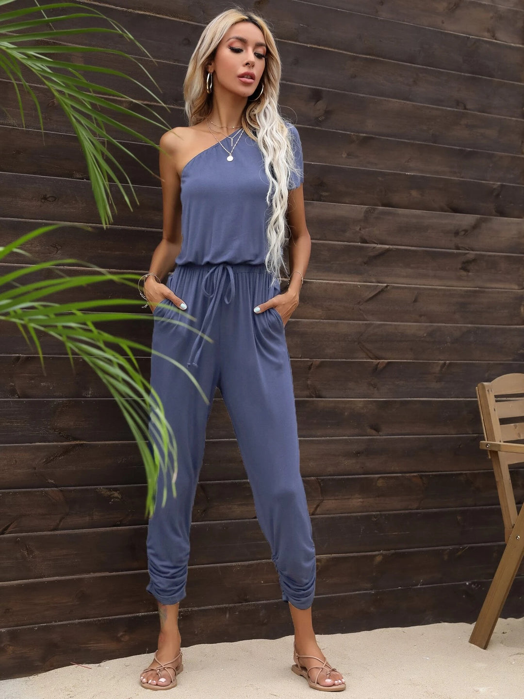 One Shoulder Knot Waist Ruched Hem Jumpsuit