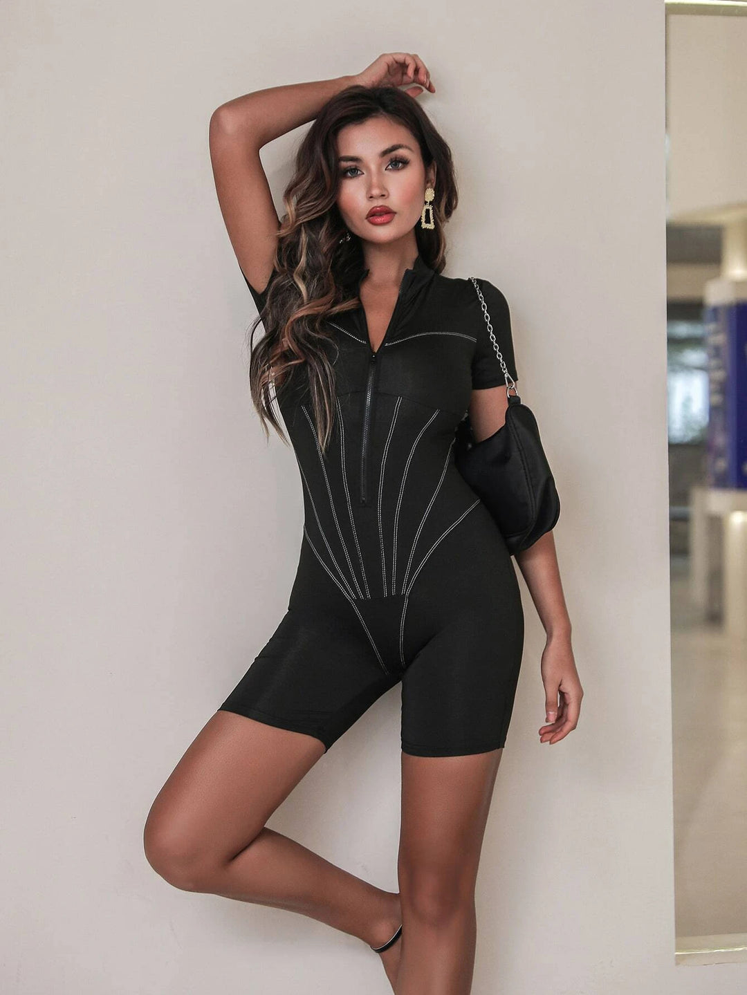 Stand Collar Short Sleeve Zipper Romper