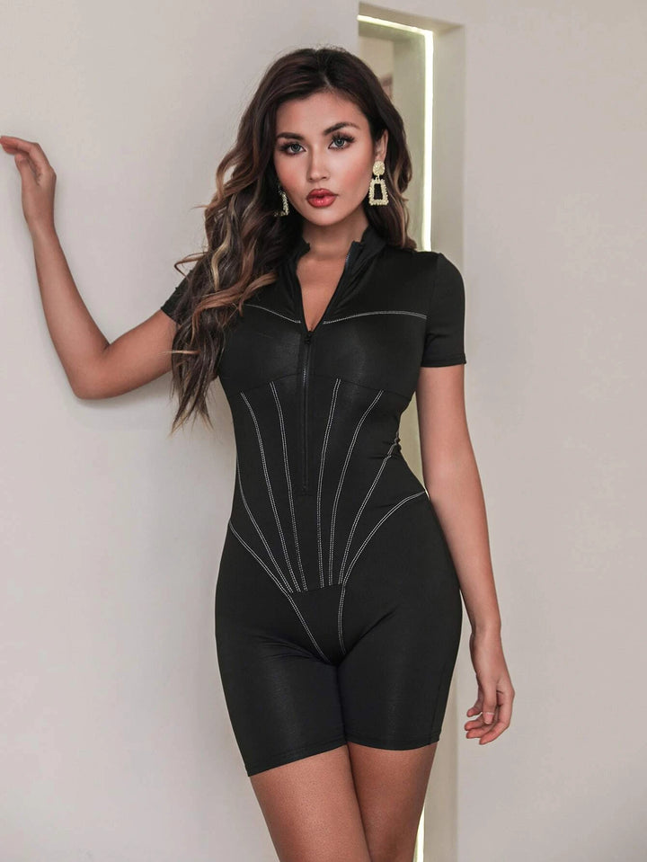 Stand Collar Short Sleeve Zipper Romper