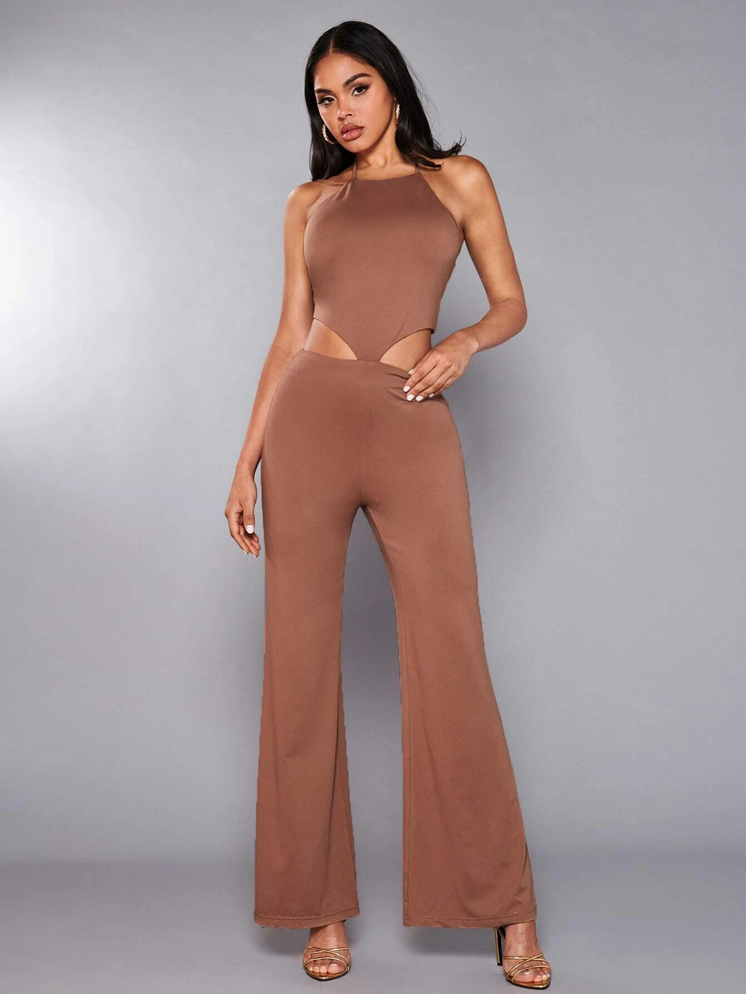 Cutout Waist Halter Neck Flare Leg Jumpsuit