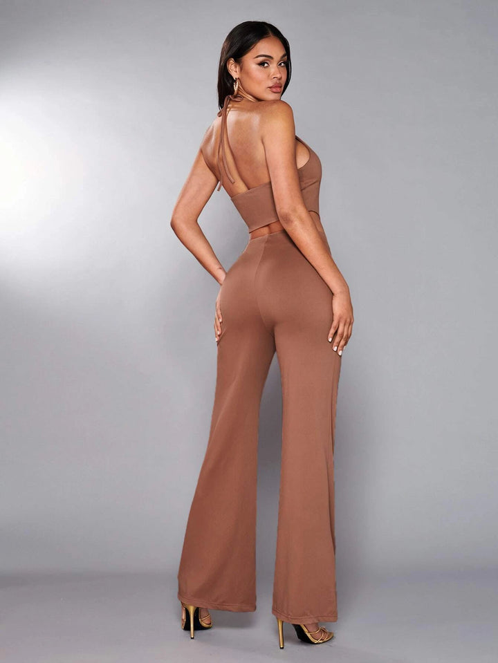 Cutout Waist Halter Neck Flare Leg Jumpsuit