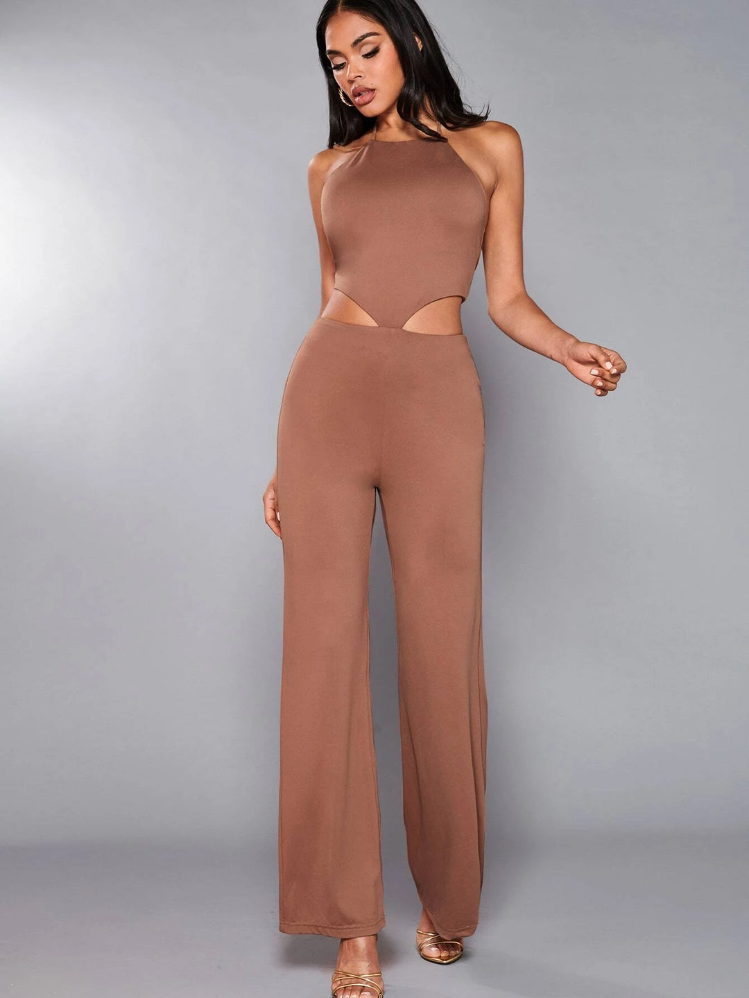 Cutout Waist Halter Neck Flare Leg Jumpsuit