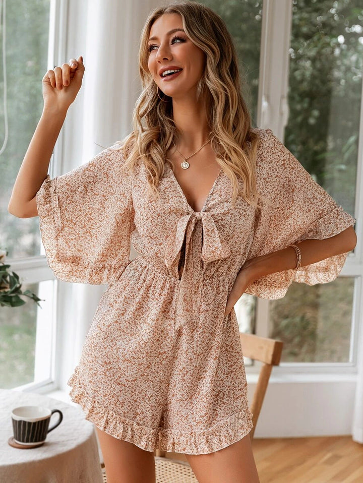 Floral Print Knot Front Ruffle Trim Romper