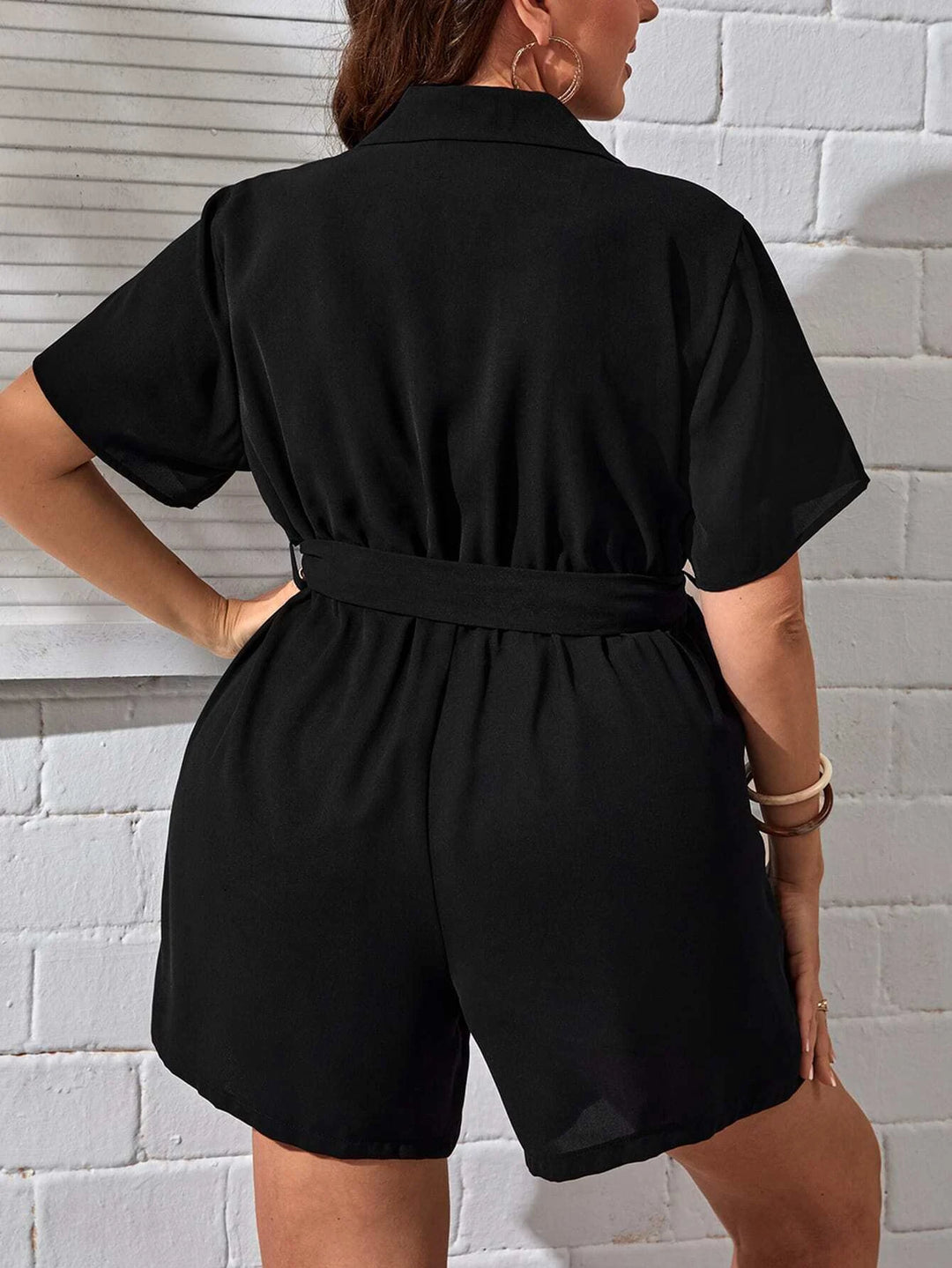 Lapel Neck Belted Shirt Romper