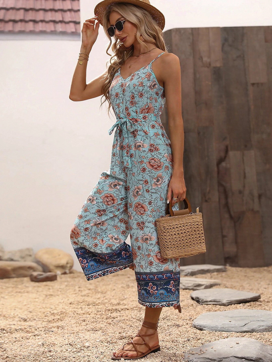 Floral Print Belted Jumpsuit