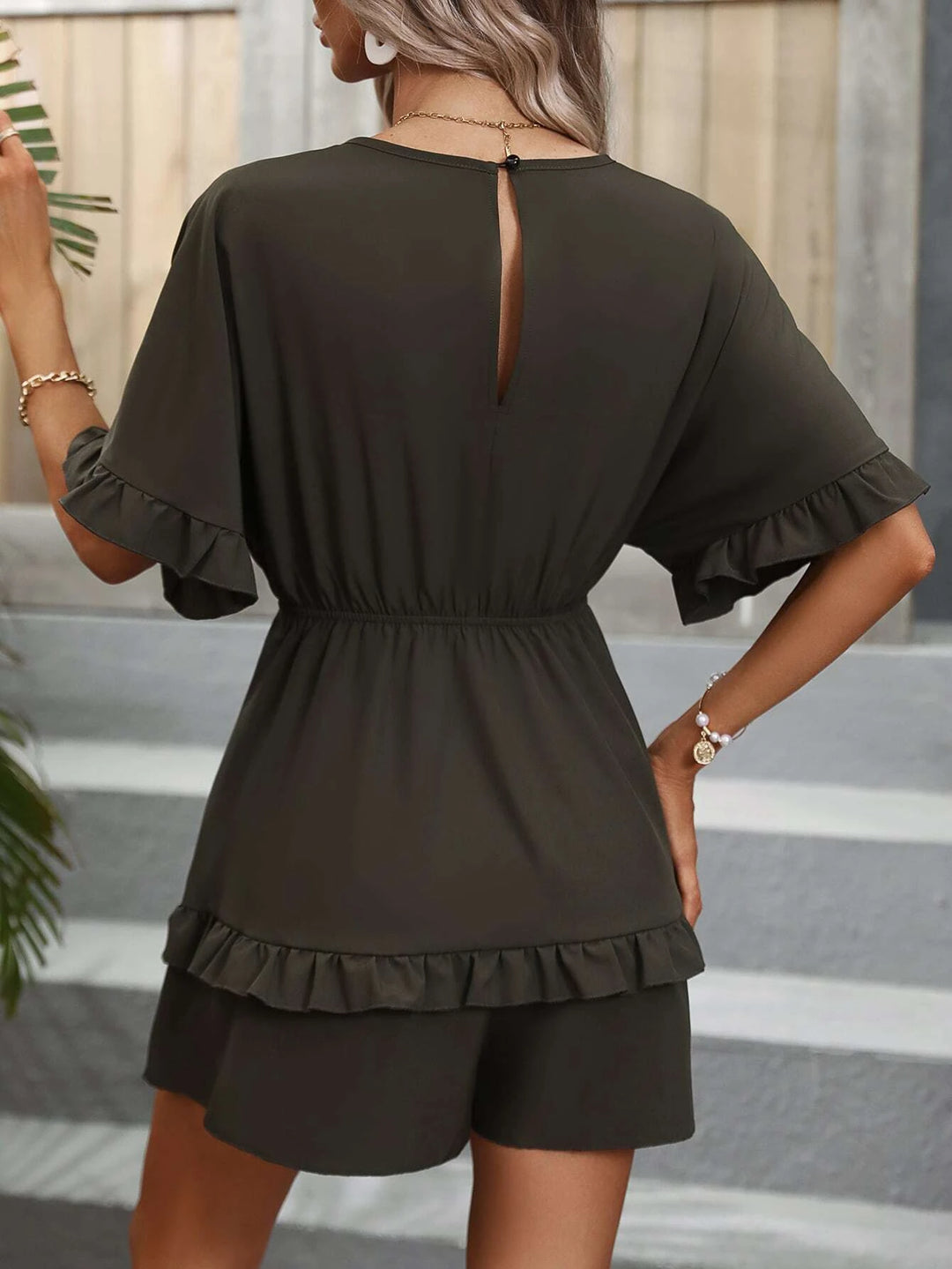 Sleeve Ruffle Trim Tie Front Romper