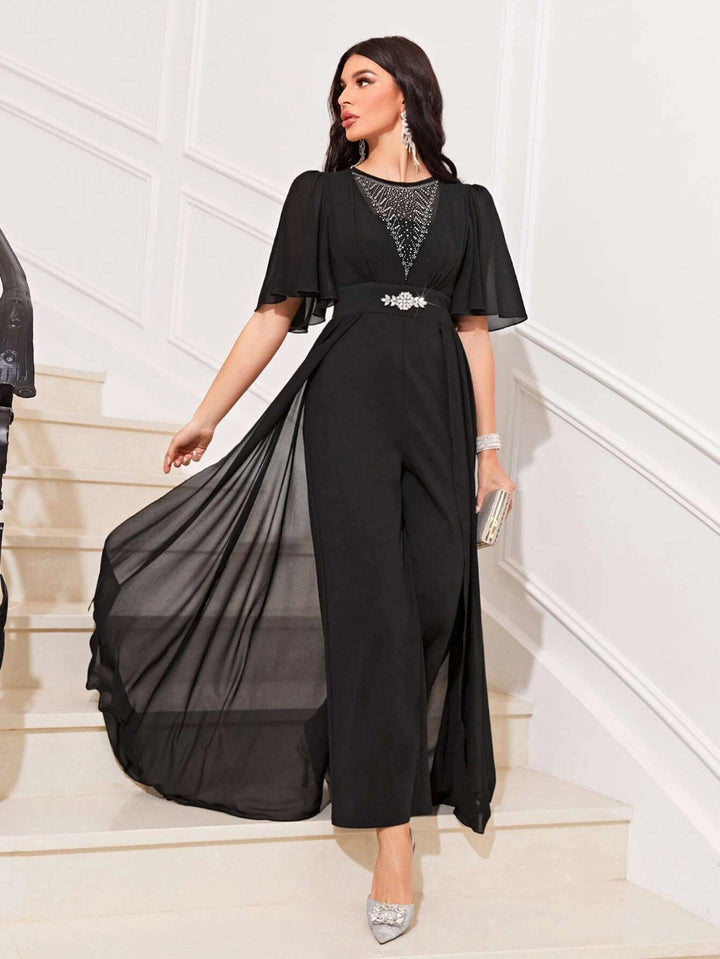Butterfly Sleeve Wide Leg Jumpsuit With Skirt