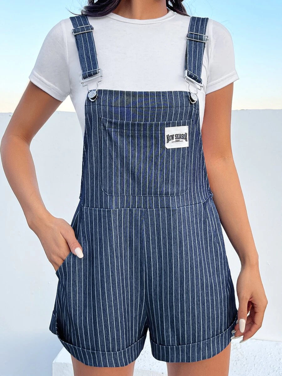 Striped Patch Detail Overall Romper Without Tee