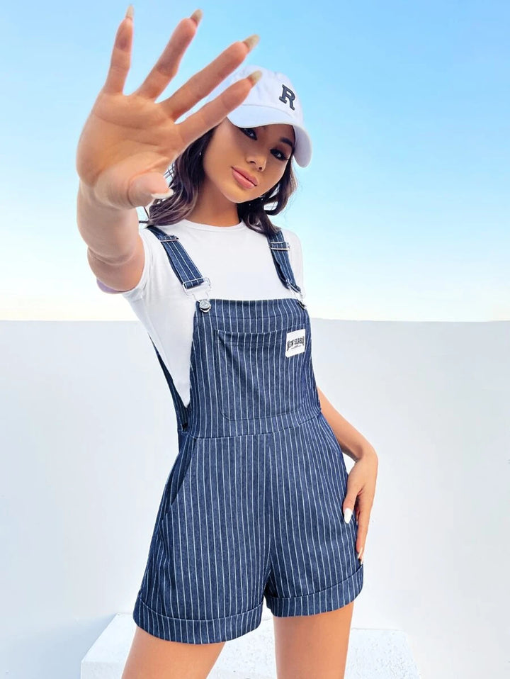 Striped Patch Detail Overall Romper Without Tee