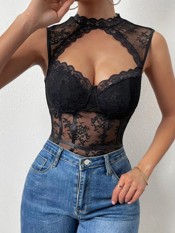 Cut Out Lace Bodysuit Without Panty