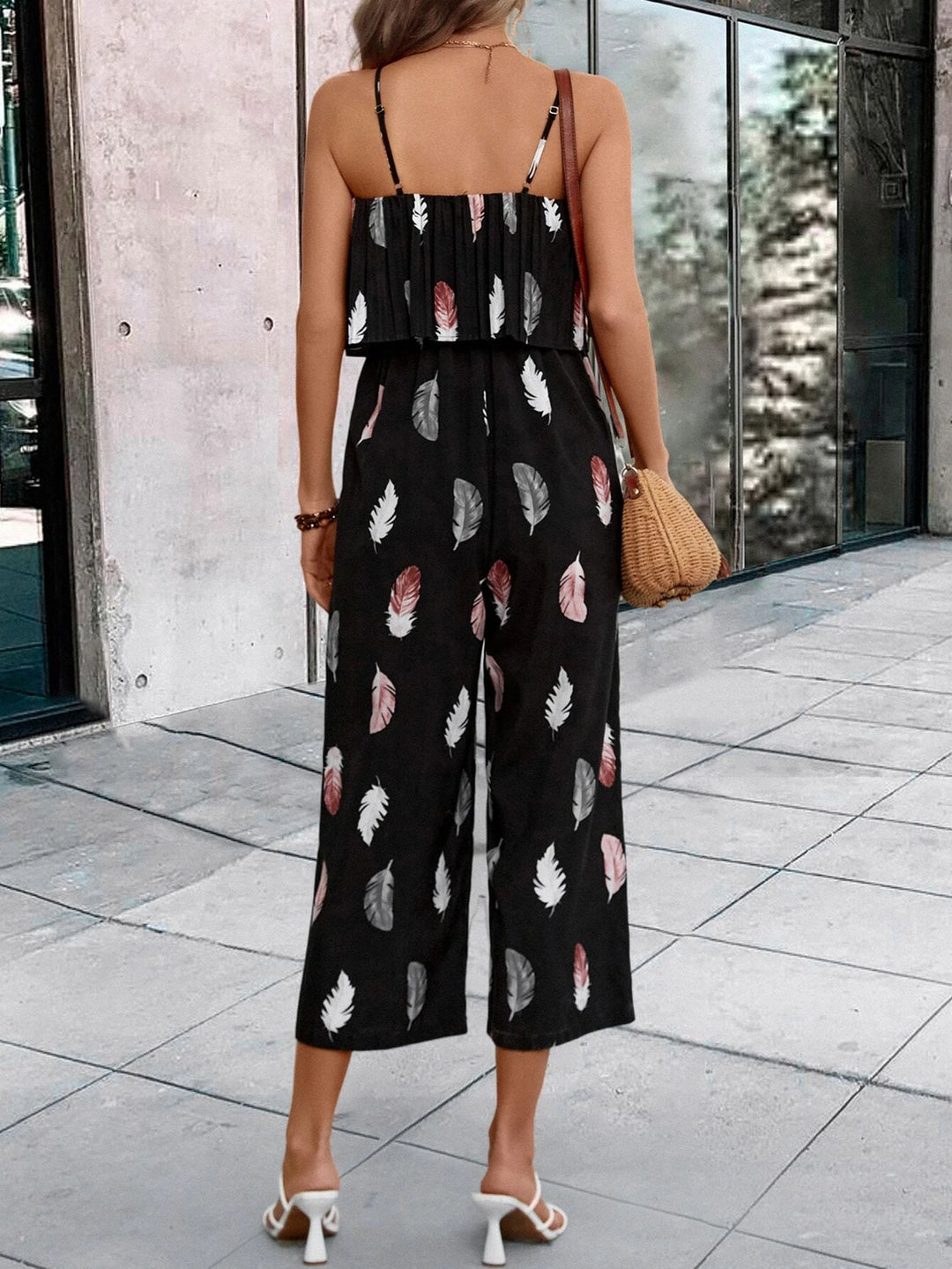 Cami-Jumpsuit mit Feder-Print 